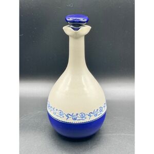 Antique Pont Des Vernes French Stoneware Blue White Decanter Vase Floral Lid